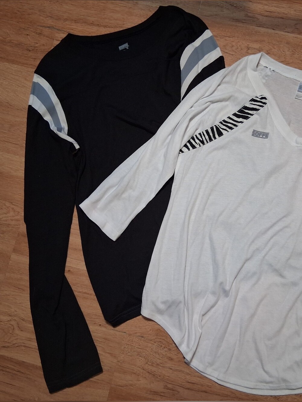 Soffe White V-Neck Tee with Gray Logo Accent And Navy Blue With Striped Sleeves